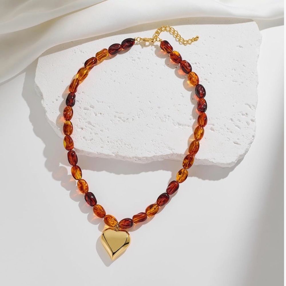 Gold Heart Pendant Amber Bead Necklace - Women Jewelry